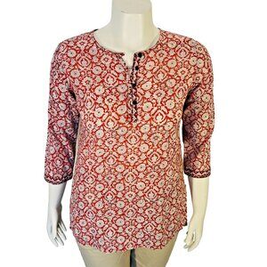 Fabindia Tunic Top Women's M Red Antique Print Cotton Henley Neck 3/4 Sleeve